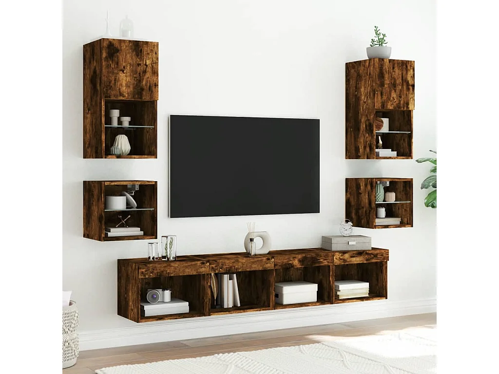 Mueble de TV de pared con luces LED roble ahumado 30x28,5x30 cm