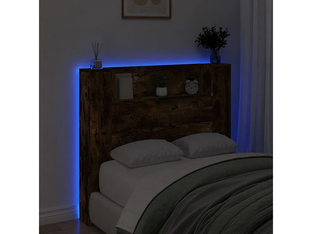 Armoire tête de lit avec LED chêne fumé 120x16,5x103,5 cm