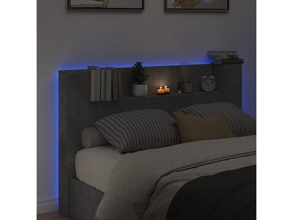 Armoire tête de lit avec LED gris béton 160x16,5x103,5 cm