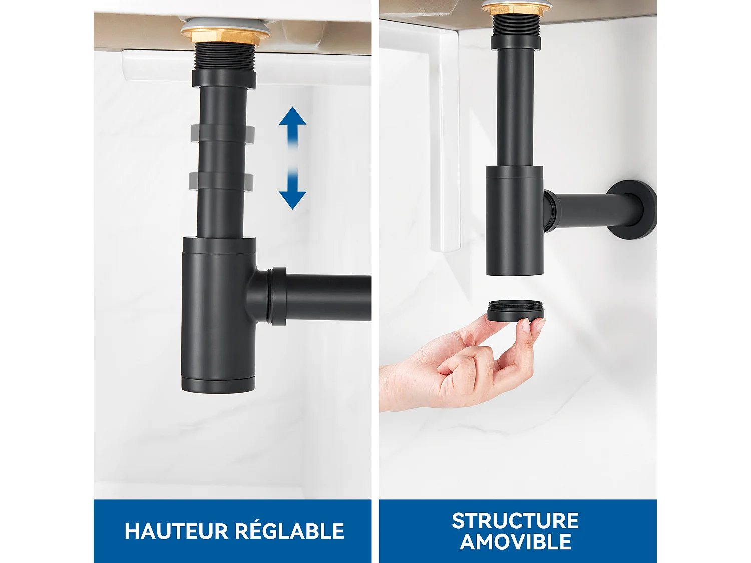 Abfluss für Spüle aus Edelstahl, Auralum max Universal Design 1 1/4 Siphon, Siphon mit extra langem Verlängerungsrohr, geruchshemmend und auslaufsicher, schwarz