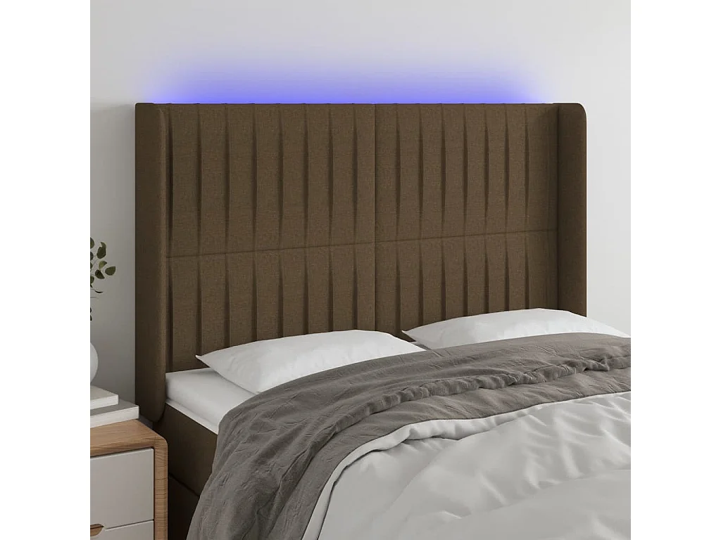 Cabeceira de cama c/ luzes LED tecido 147x16x118/128cm castanho
