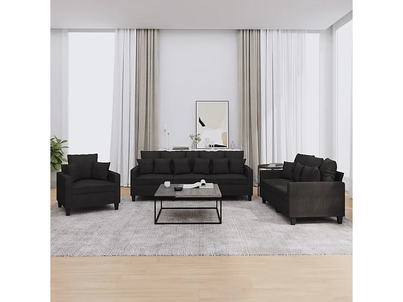 Set Divani 3 pz con Cuscini Nero in Tessuto