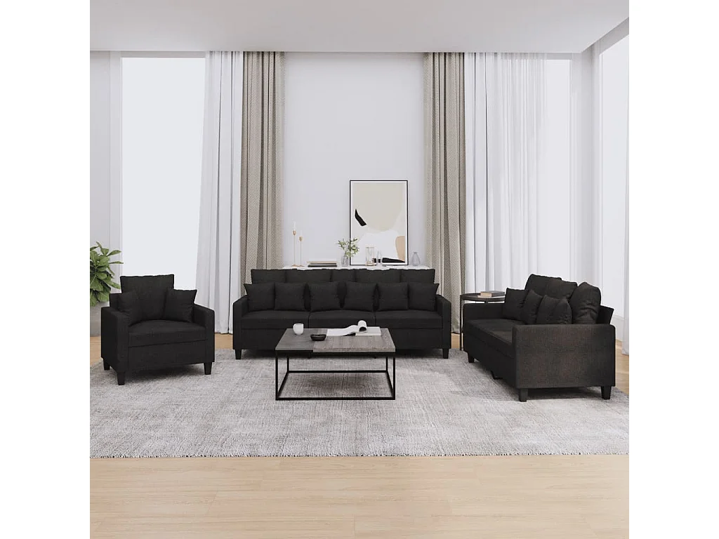 Set Divani 3 pz con Cuscini Nero in Tessuto