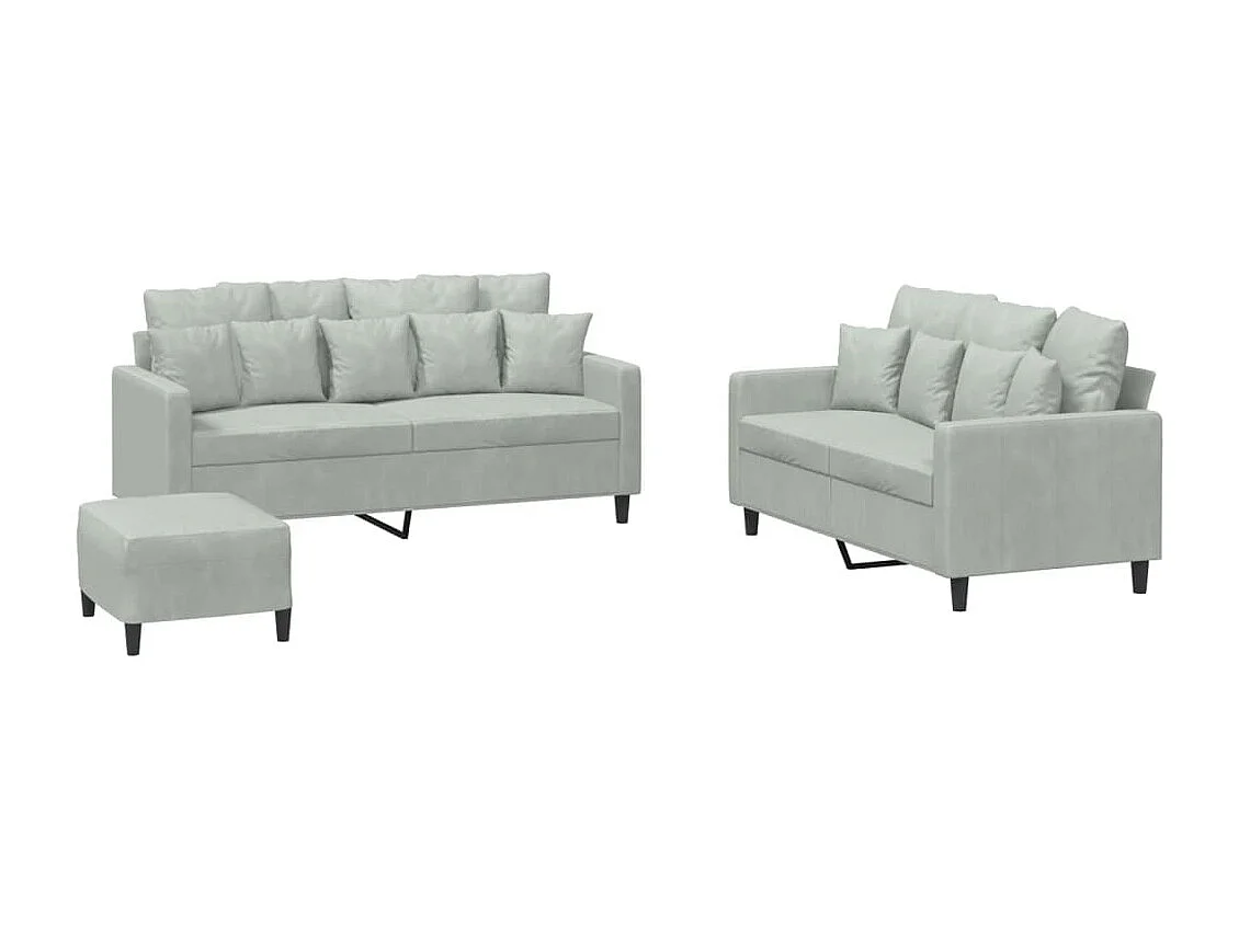Set di Divani 3 pz con Cuscini Grigio Chiaro in Velluto