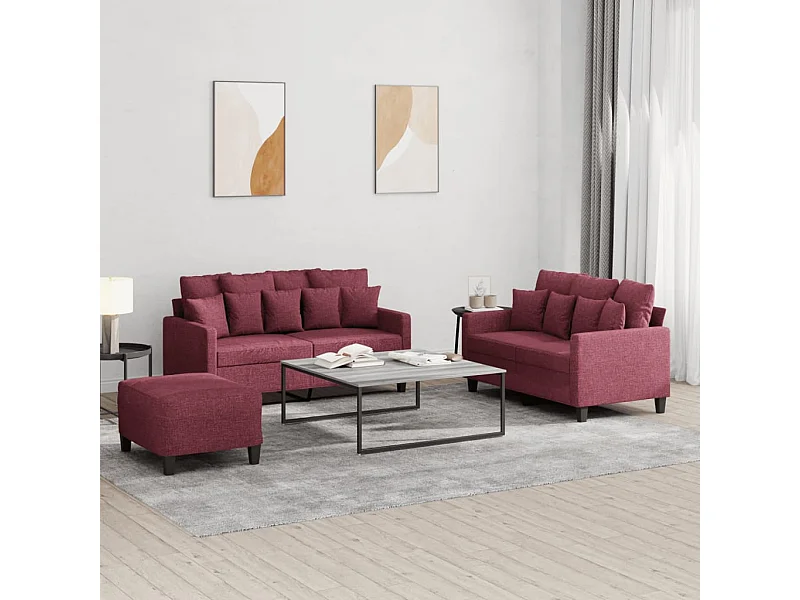 Set di Divani 3 pz con Cuscini Rosso Vino in Tessuto