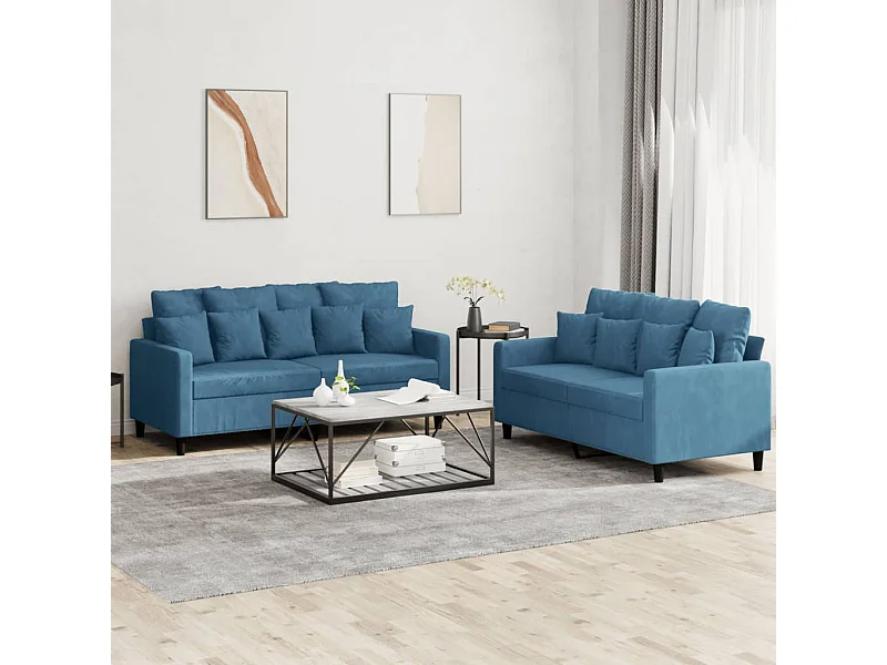 Set di Divani 2 pz con Cuscini Blu in Velluto