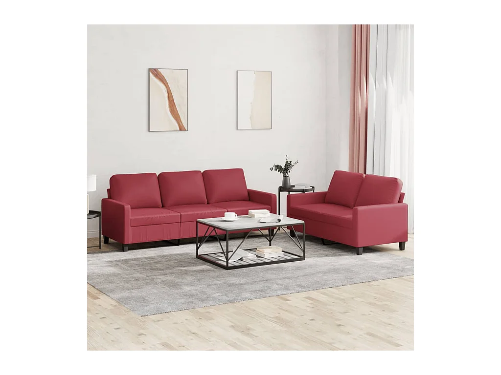 Set di Divani 2 pz con Cuscini Rosso Vino in Similpelle