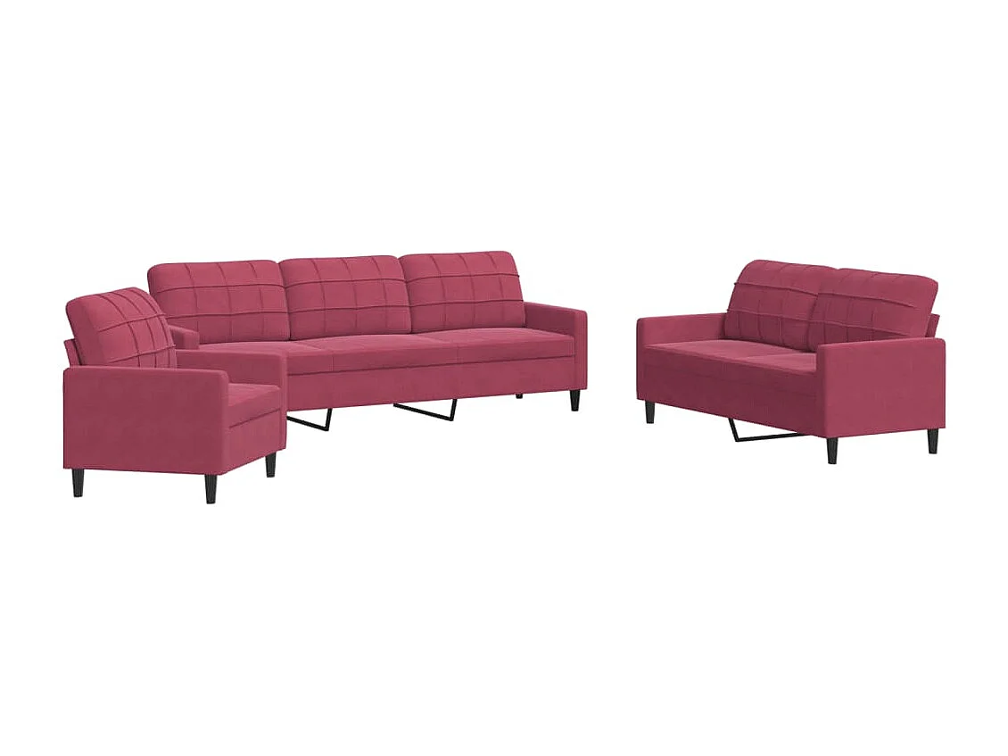 Set di Divani 3 pz con Cuscini Rosso Vino in Velluto