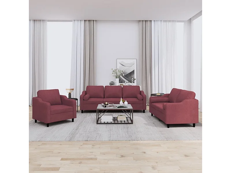 Set di Divani 3 pz con Cuscini Rosso Vino in Tessuto