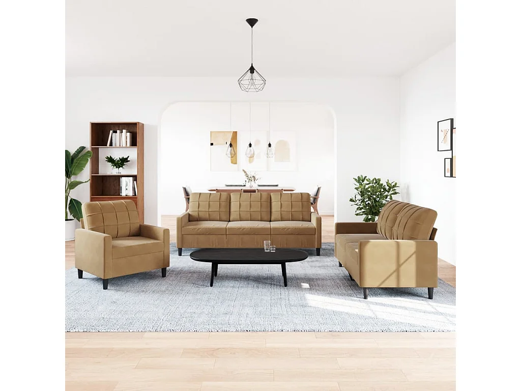 Set di Divani 3 pz con Cuscini Marrone in Velluto