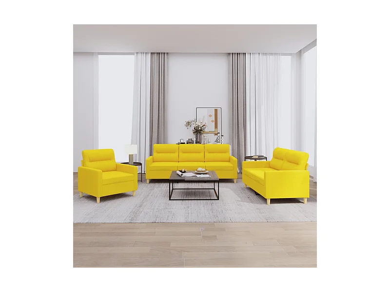 3 pcs conjunto de sofás com almofadões tecido amarelo-claro