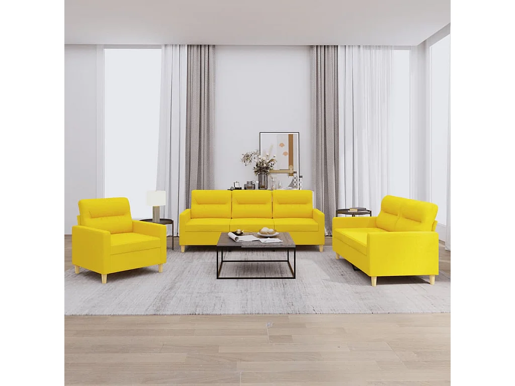 3 pcs conjunto de sofás com almofadões tecido amarelo-claro