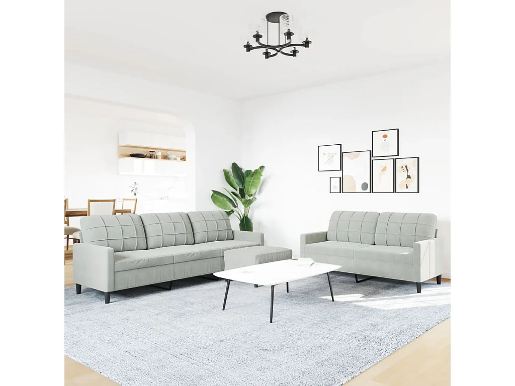 3 pcs conjunto de sofás com almofadões veludo cinzento-claro