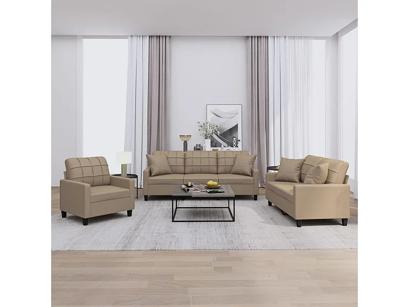 Set di Divani 3 pz con Cuscini Cappuccino in Similpelle