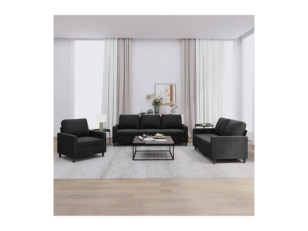 Set di Divani 3 pz con Cuscini Nero in Velluto