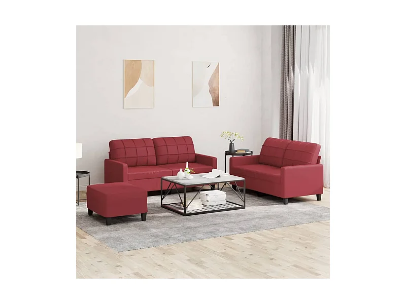 Set di Divani 3 pz con Cuscini Rosso Vino in Similpelle