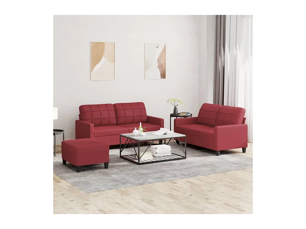 Set di Divani 3 pz con Cuscini Rosso Vino in Similpelle