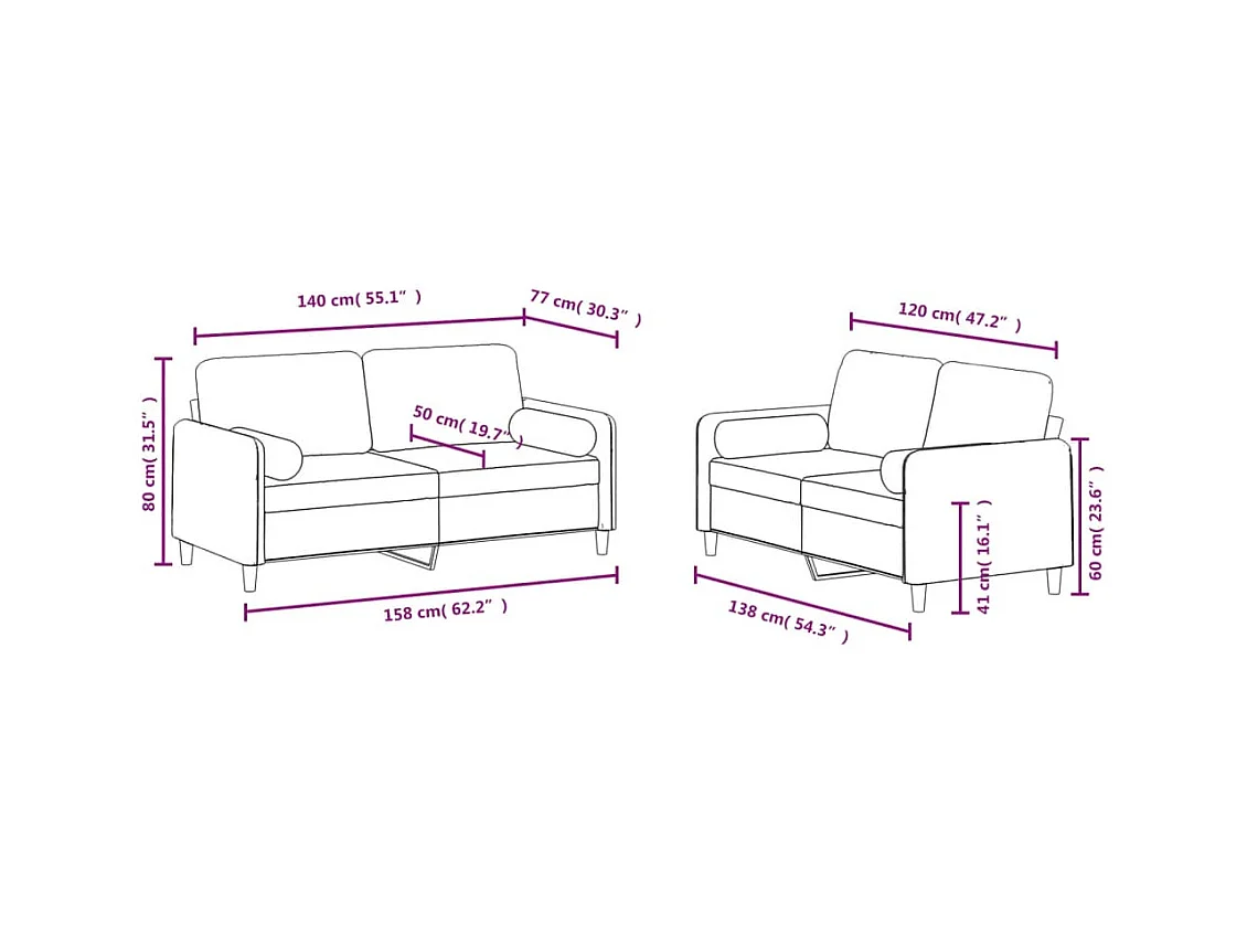 Ensemble de canapés 2 pcs avec coussins marron velours