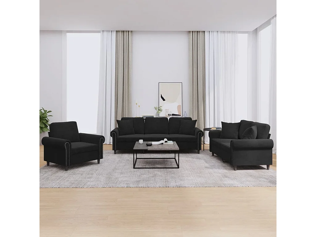 Set di Divani 3 pz con Cuscini Nero in Velluto