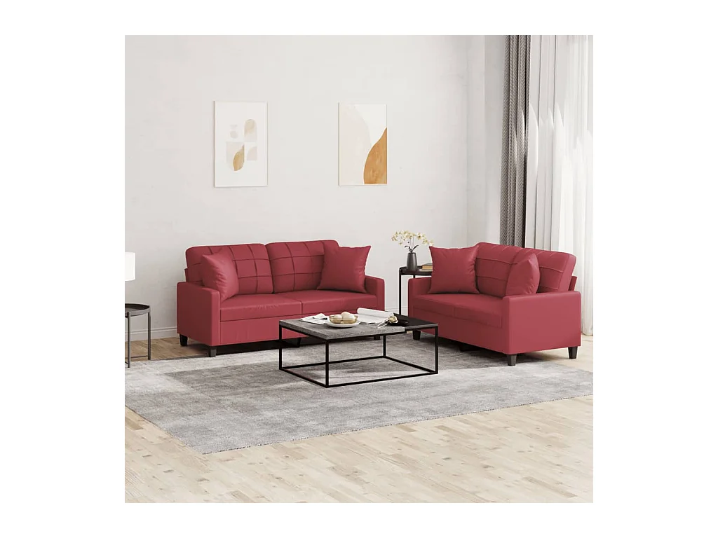Ensemble de canapés 2 pcs et coussins rouge bordeaux similicuir