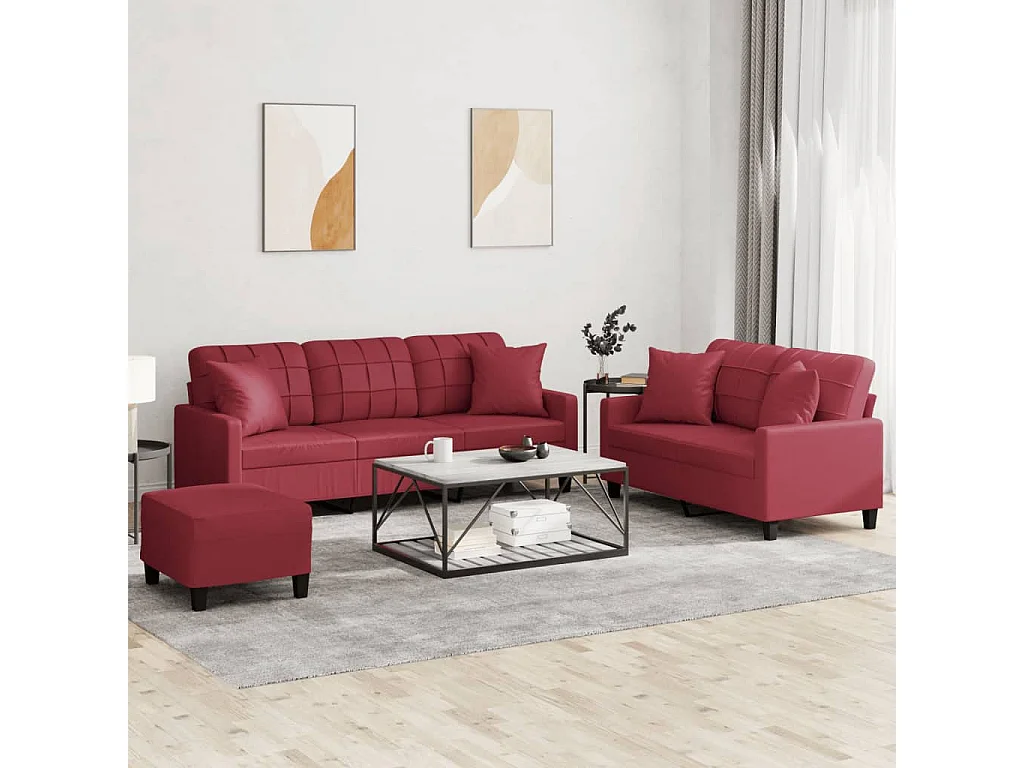 Ensemble de canapés 3 pcs et coussins rouge bordeaux similicuir