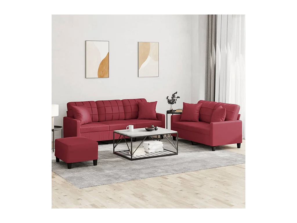 Set di Divani 3 pz con Cuscini Rosso Vino in Similpelle