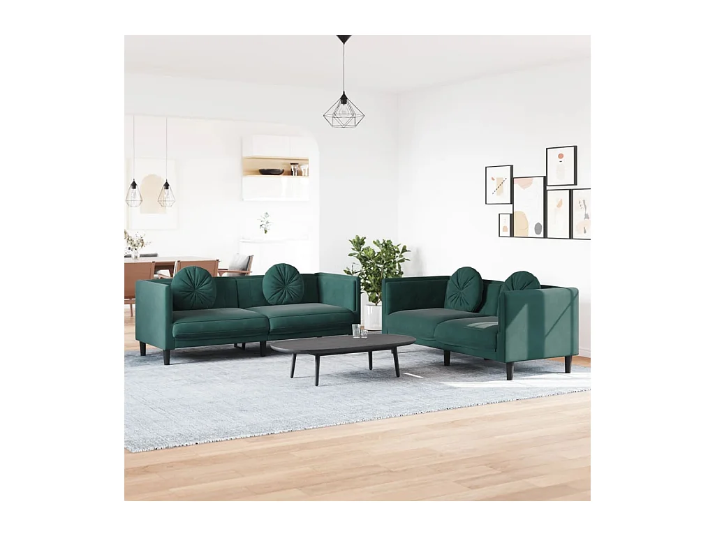 Ensemble de canapés 2 pcs avec coussins vert foncé velours