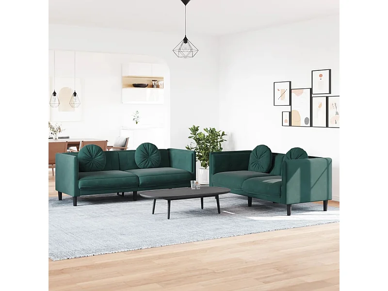 Ensemble de canapés 2 pcs avec coussins vert foncé velours