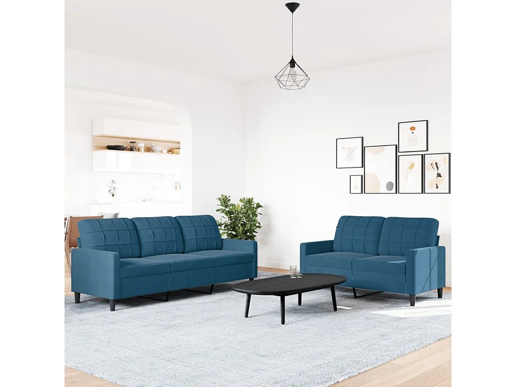 2-tlg. Sofagarnitur mit Kissen Blau Samt