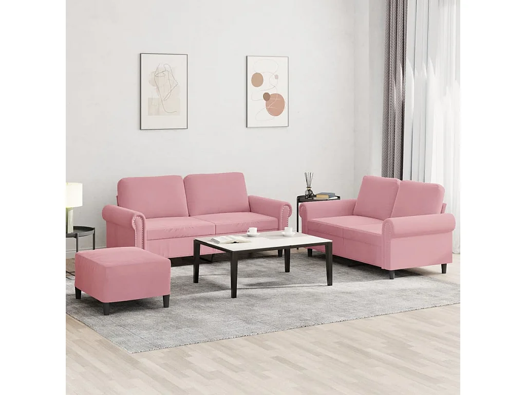 Set di Divani 3 pz con Cuscini rosa in Velluto