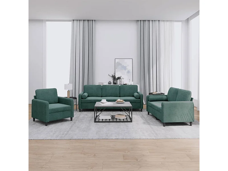 Ensemble de canapés 3 pcs avec coussins vert foncé velours