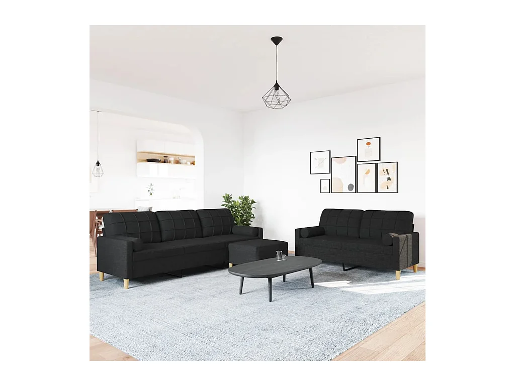 3-tlg. Sofagarnitur mit Fußhocker & Dekokissen Schwarz Stoff