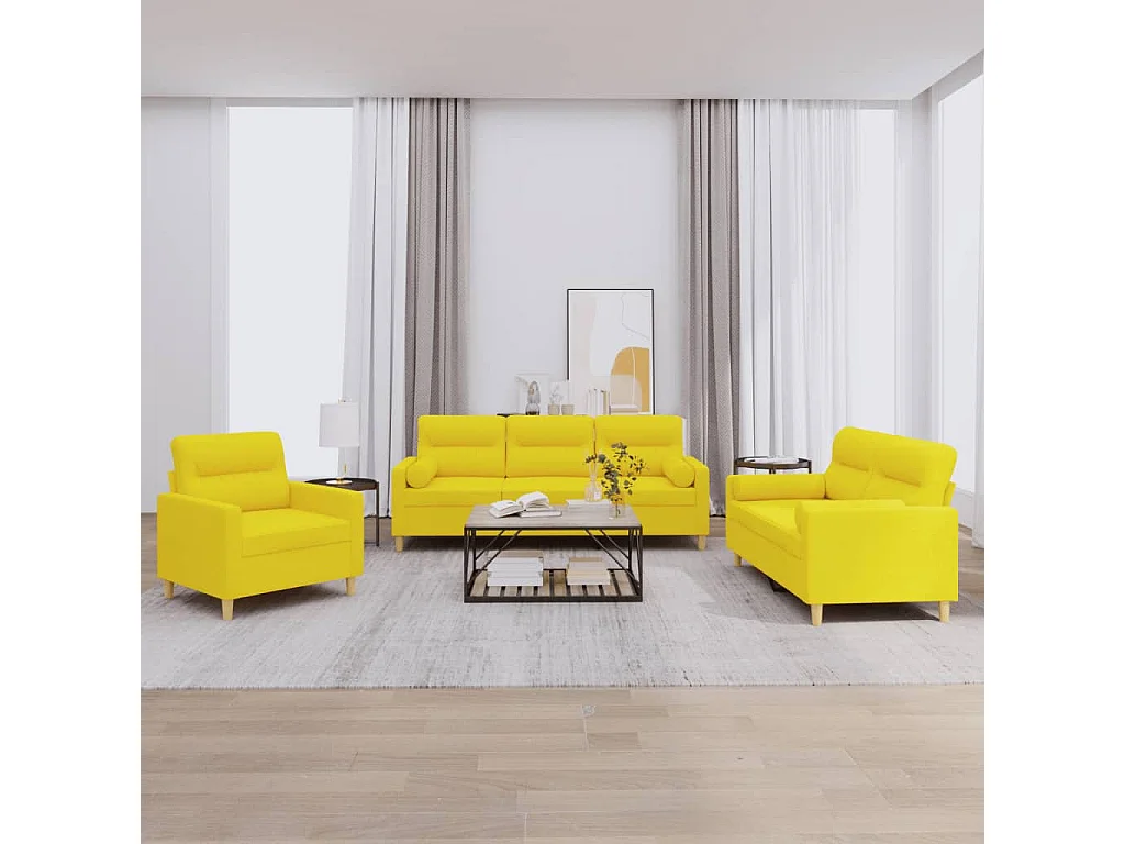 Ensemble de canapés 3 pcs avec coussins jaune clair tissu
