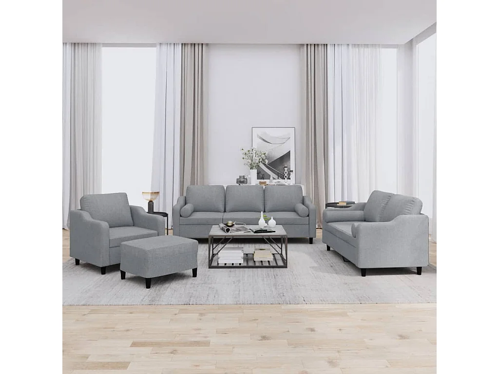 Set Divani 4 pz con Cuscini Grigio Chiaro in Tessuto