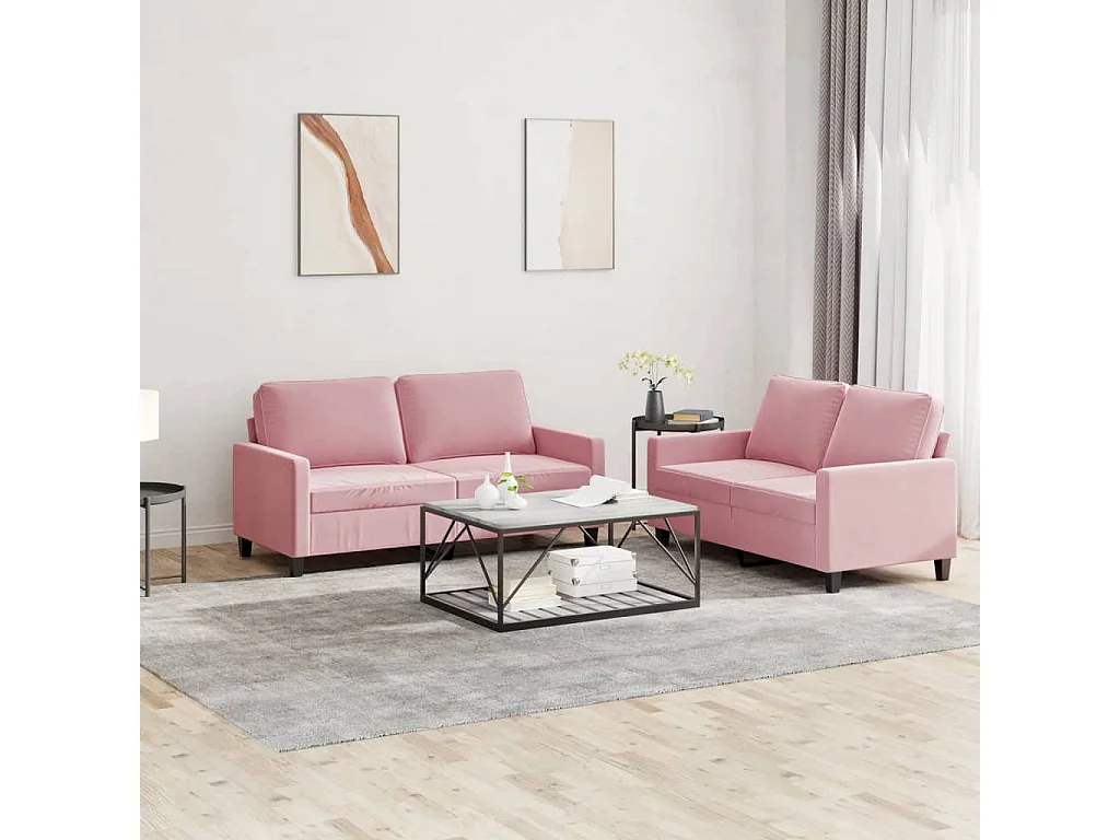 2-tlg. Sofagarnitur mit Kissen Rosa Samt