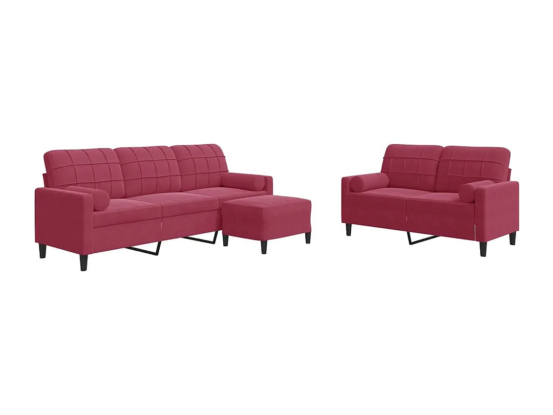 3pcs conjunto sofás c/ almofadões e rolos veludo vermelho tinto