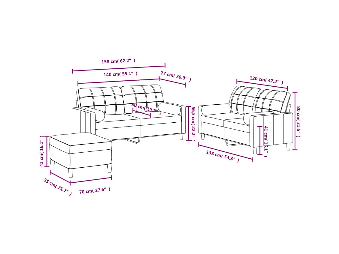 Ensemble de canapés 3 pcs coussins gris clair tissu