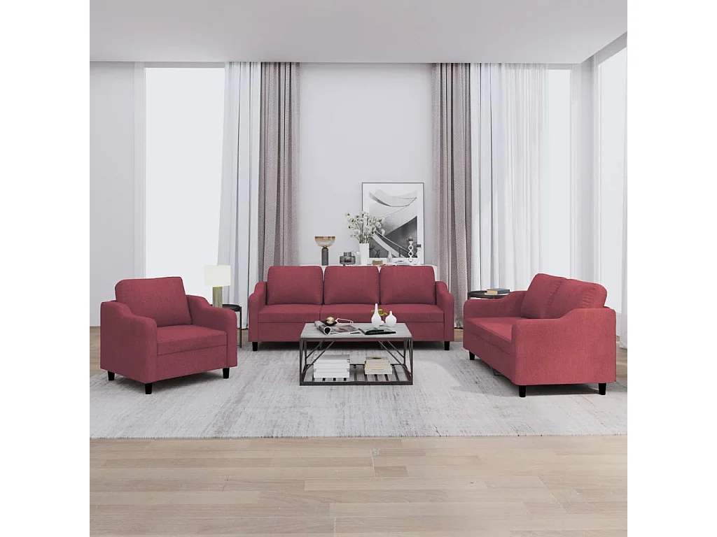 Set di Divani 3 pz con Cuscini Rosso Vino in Tessuto