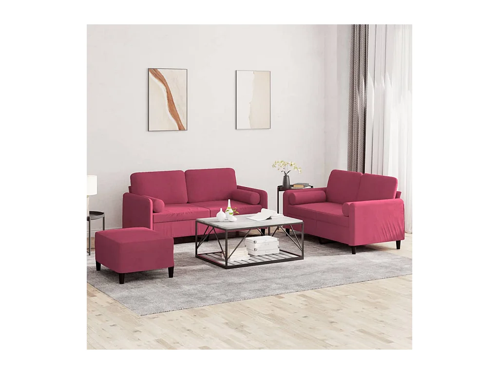 Ensemble de canapés 3 pcs avec coussins rouge bordeaux velours
