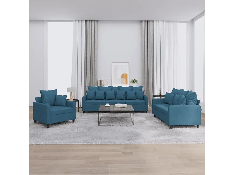 3 pcs conjunto de sofás com almofadões veludo azul