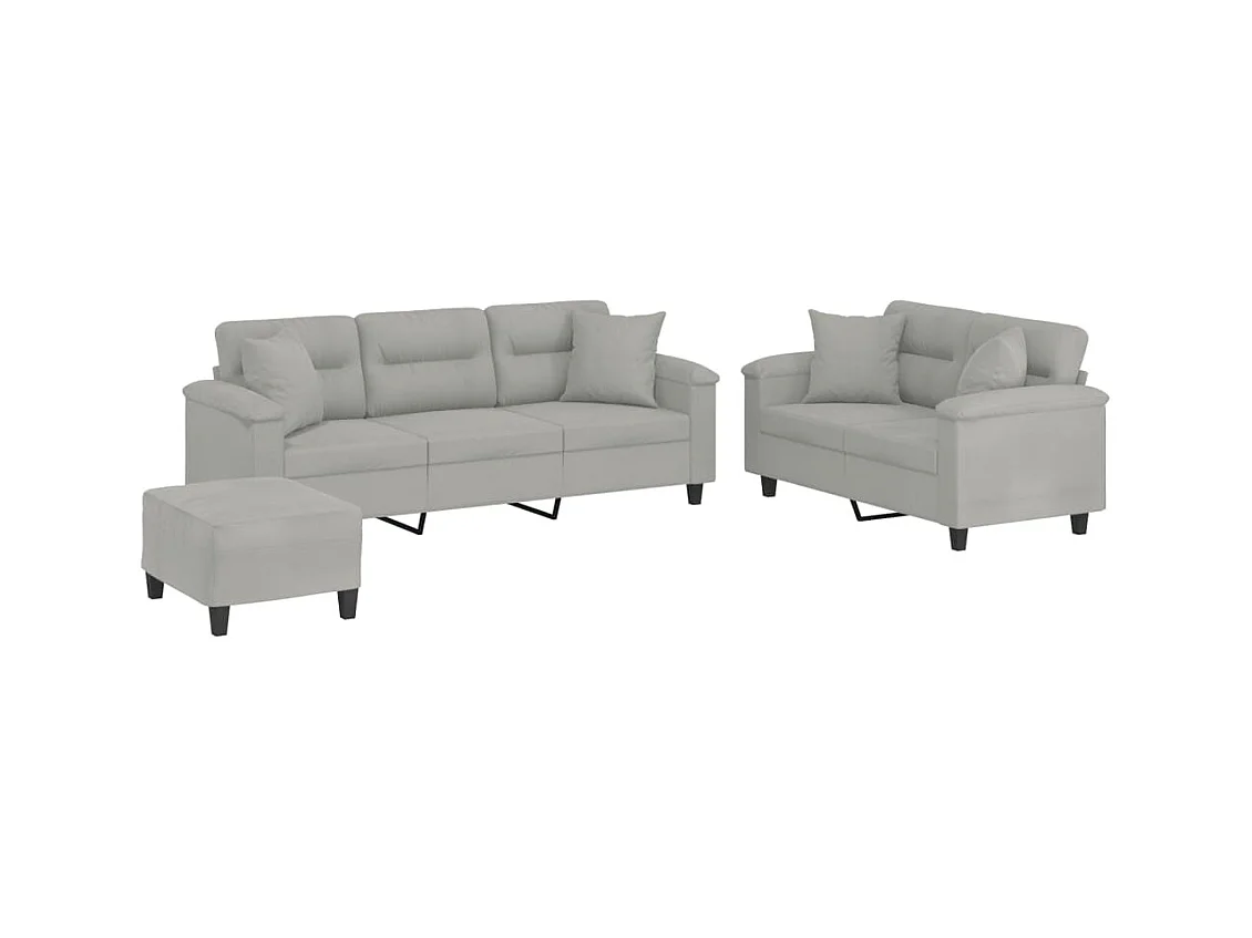 3-delige Loungeset met kussens microvezelstof lichtgrijs