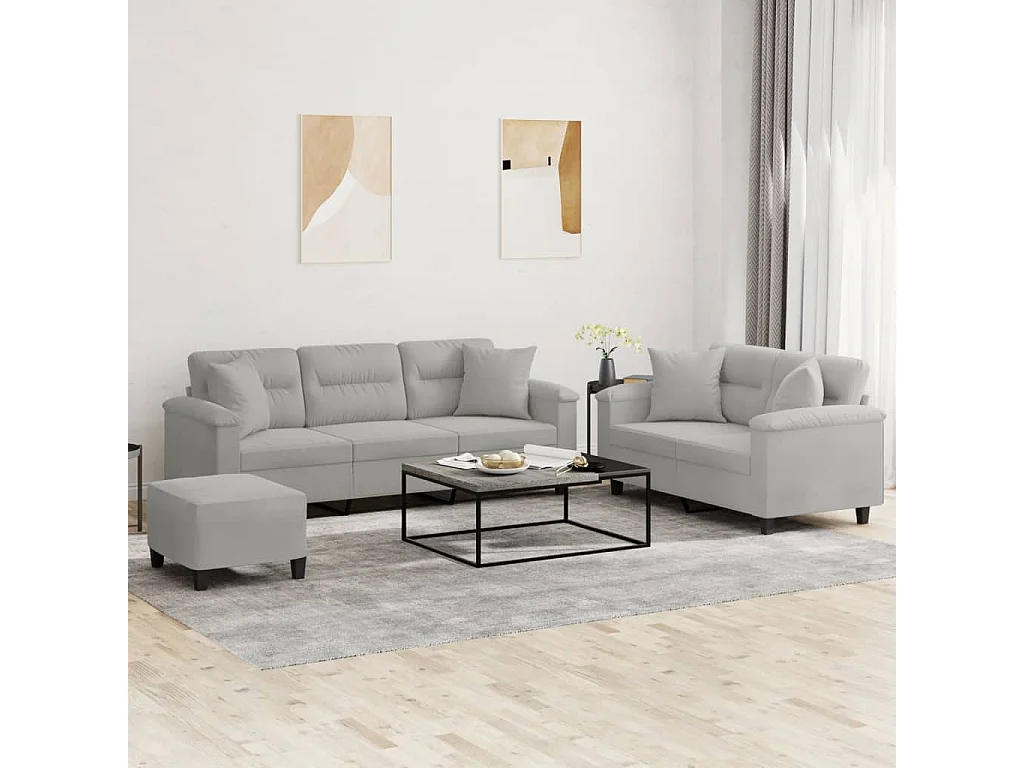 3-delige Loungeset met kussens microvezelstof lichtgrijs