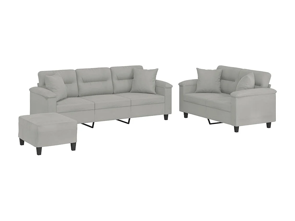 3-delige Loungeset met kussens microvezelstof lichtgrijs