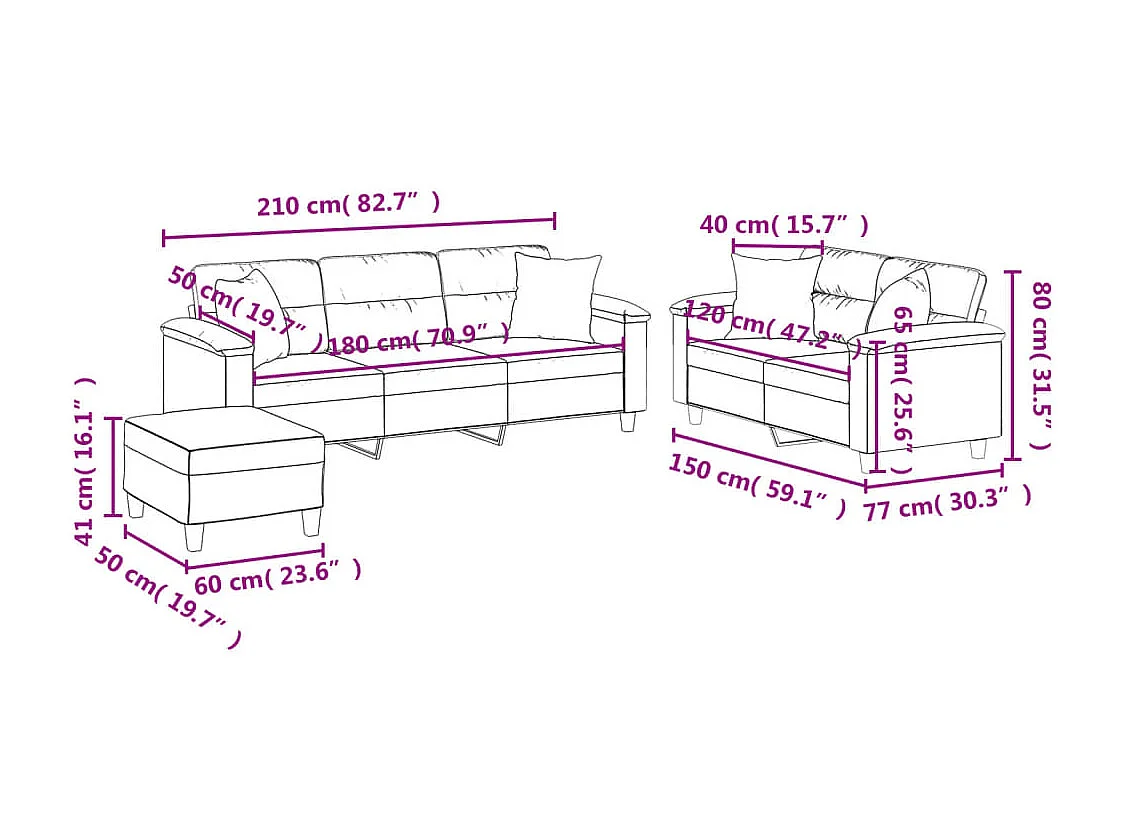 3-delige Loungeset met kussens microvezelstof lichtgrijs