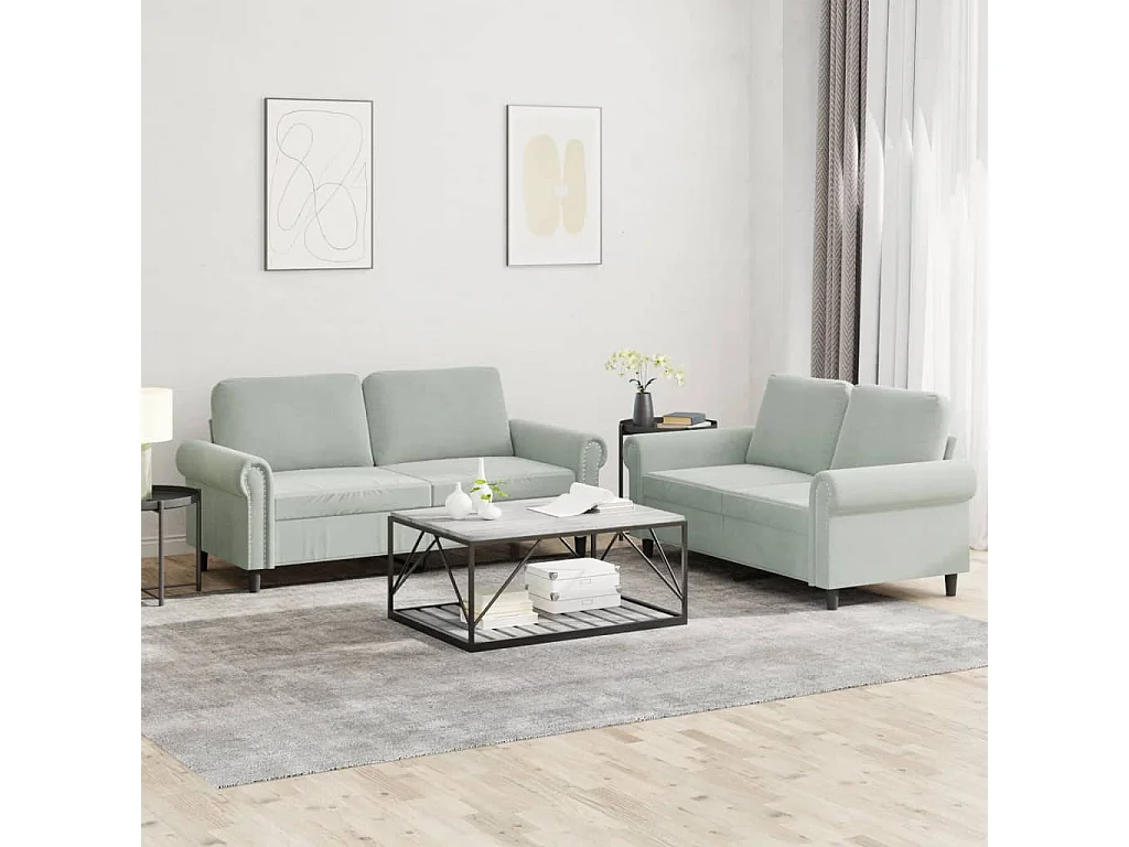 Set di Divani 2 pz con Cuscini Grigio Chiaro in Velluto