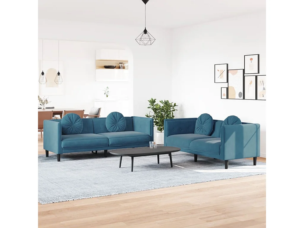 2 pcs conjunto de sofás com almofadas veludo azul