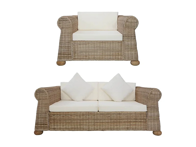 Set di Divani 2 pz con Cuscini in Rattan Naturale