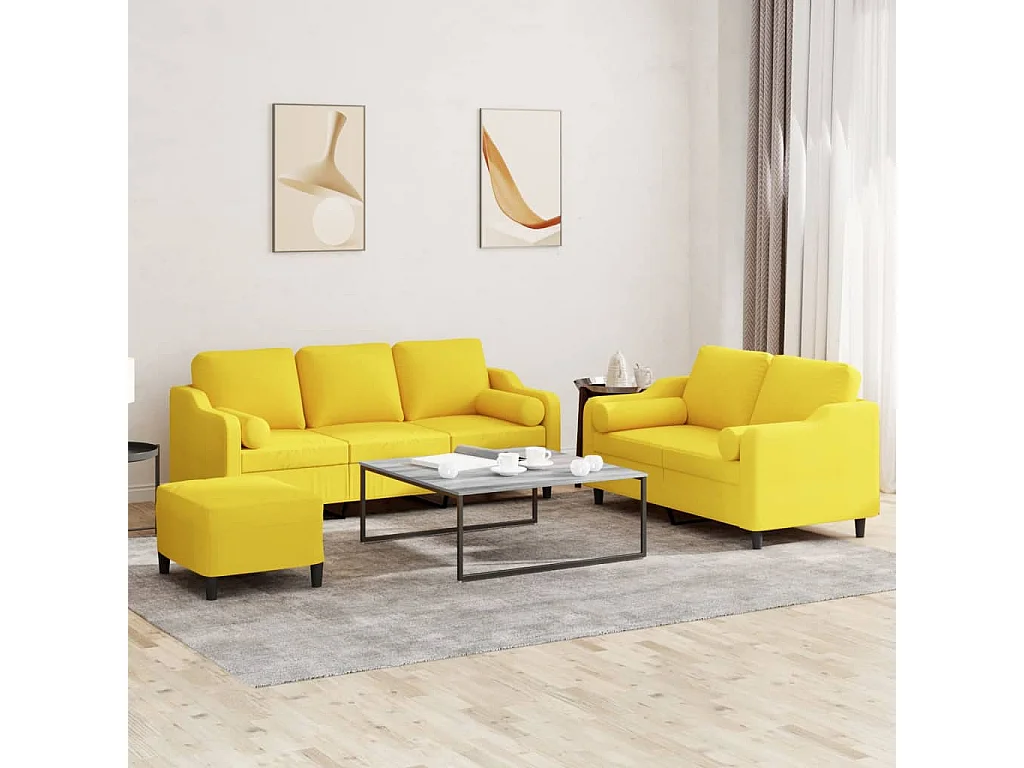 Set di Divani 3 pz con Cuscini Giallo Chiaro in Tessuto