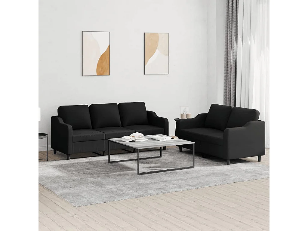 Set di Divani 2 pz con Cuscini Nero in Tessuto