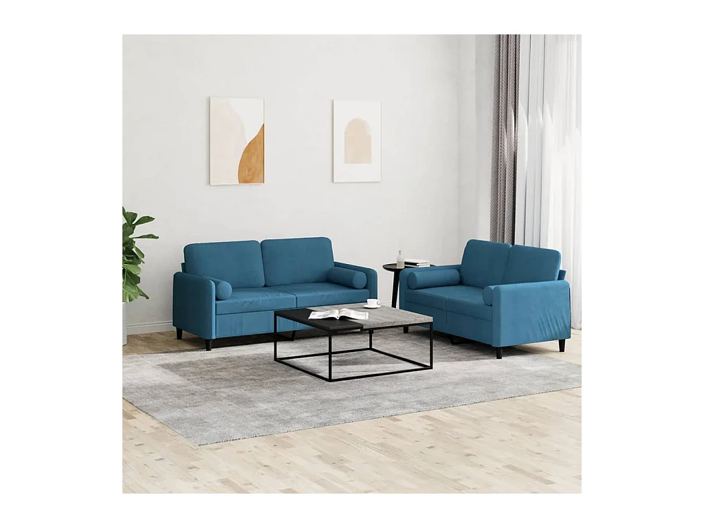 Set di Divani 2 pz con Cuscini Blu in Velluto